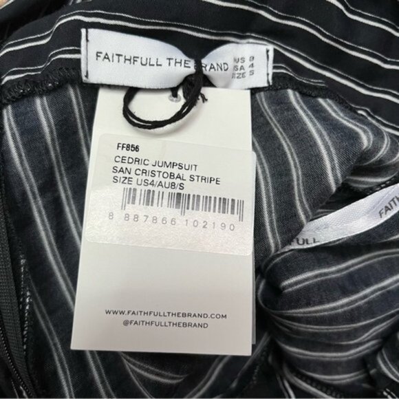 𝅺NWT Faithfull The Brand Pinstripe Black‎ & White Cedric Jumpsuit Women Sz 4 - Picture 7 of 8